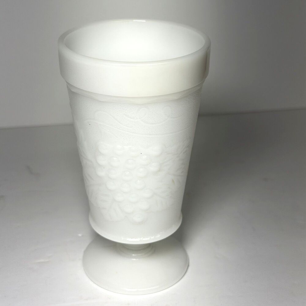 Vintage White Milk Glass Footed Goblet Glass Tumbler w/ Grapes & Leaves Pattern